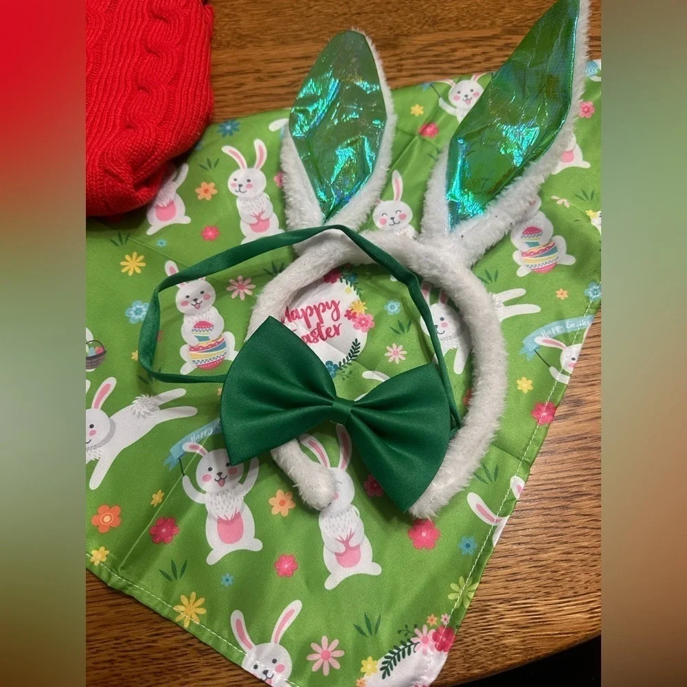 New Pet bundle! Easter bunny ears, bow tie, tie triangle bandana & med sweater